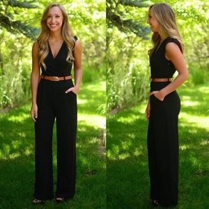 Black Jumpsuit with Brown Belt from Threadlust